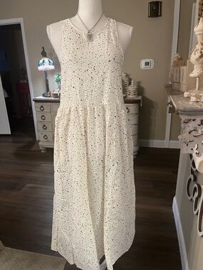 Rylee + Cru Cream Eyelet Midi Dress with Subtle Multicolor Speckle